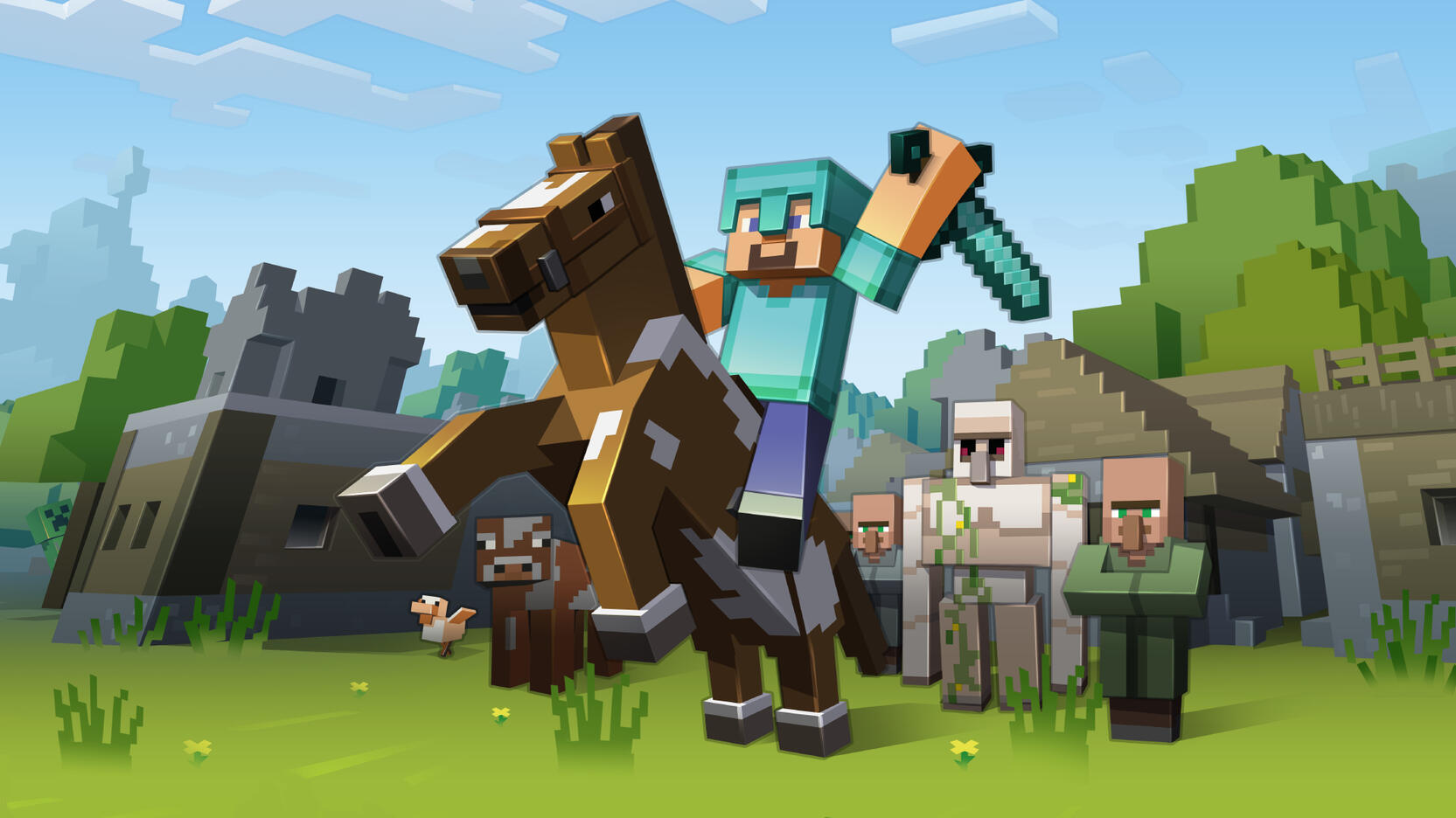 Minecraft characters in a colourful block-built game world
