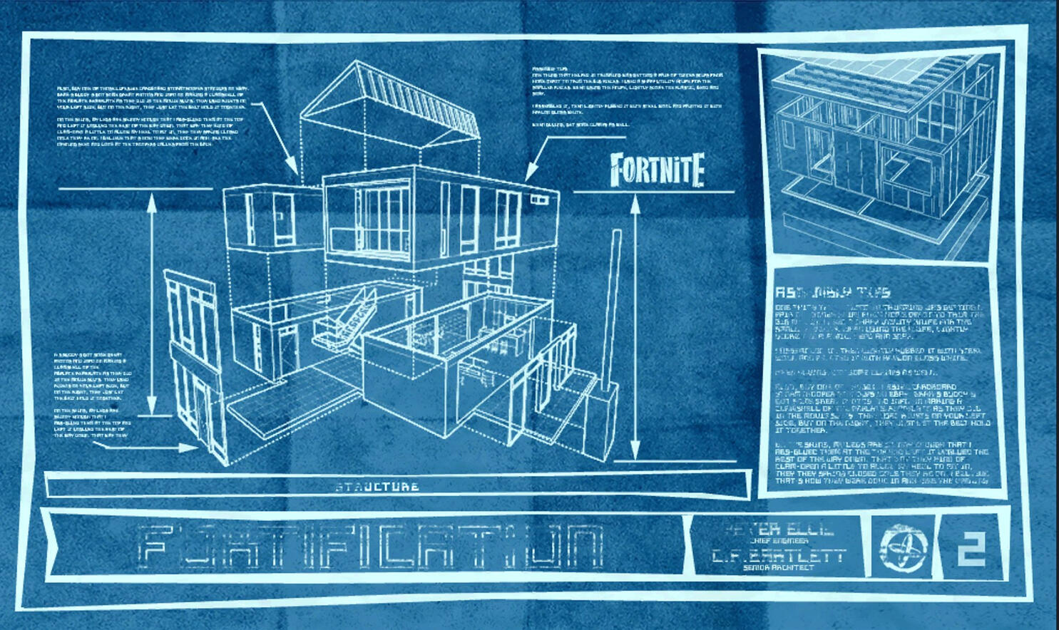 Fortnite-style blueprint drawing of a game structure
