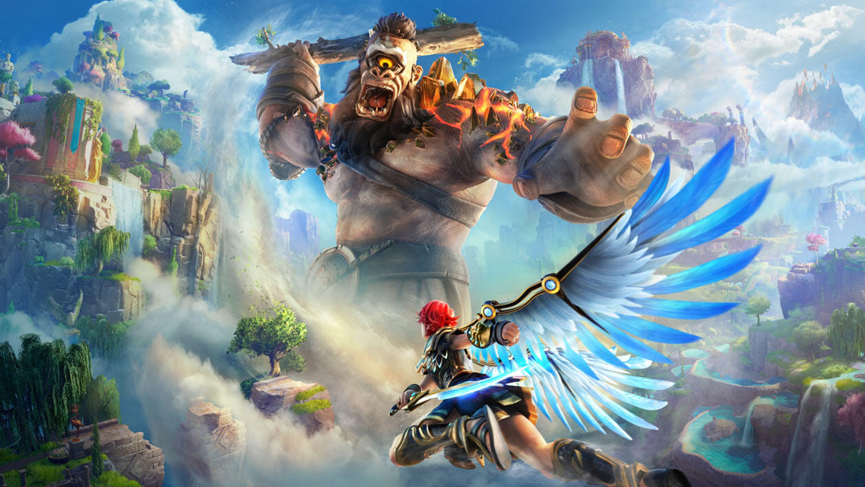 Fantasy game hero flying toward a huge creature